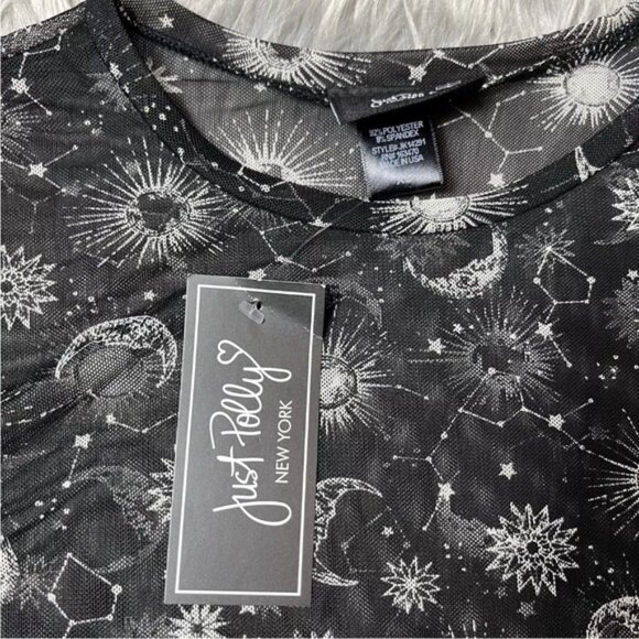 Just Polly Sheer Long Sleeve Black Top Moon Stars Celestial Constellation - Picture 3 of 5